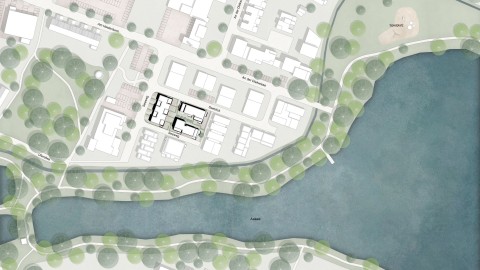 Illustration des Aasee-Viertels in Ibbenbüren mit Gebäuden, Wegen und Seeufer in der Übersicht