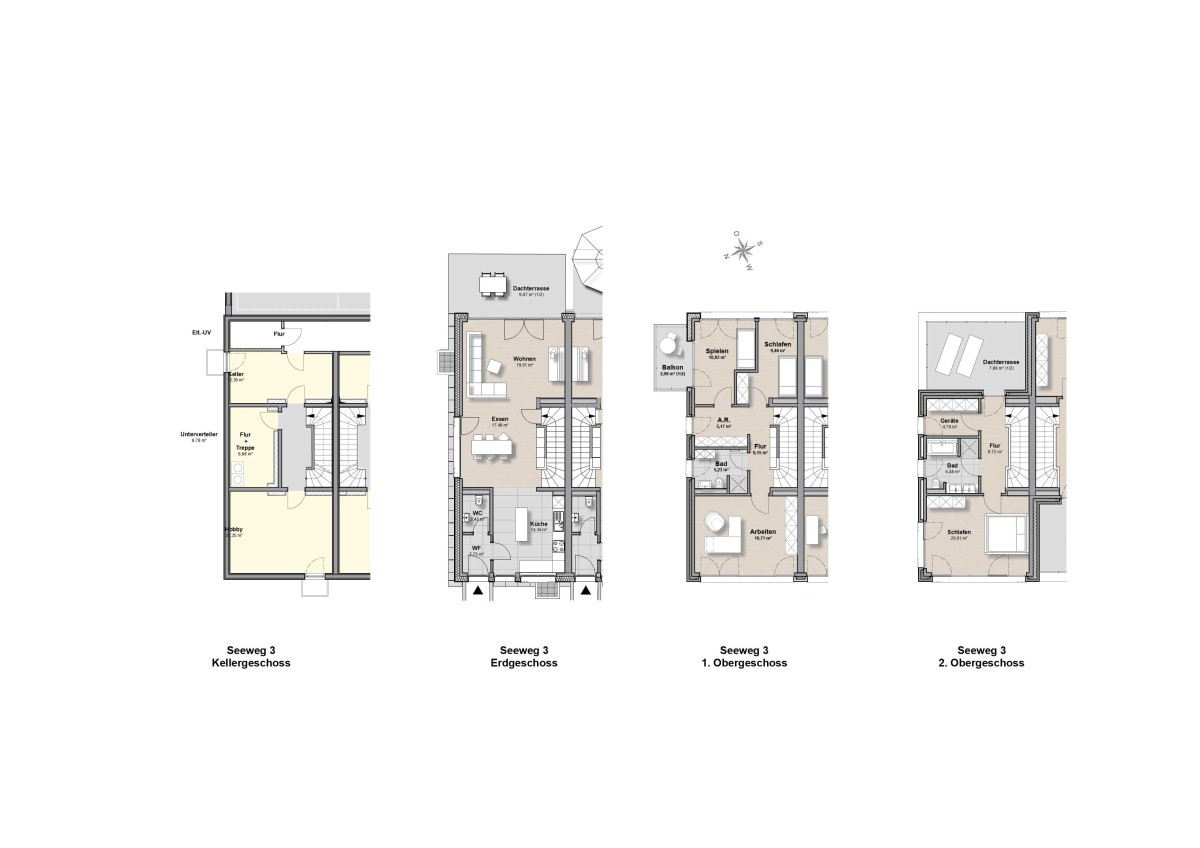 Town-Haus Seeweg 3 - KG-2.OG Grundrisse nebeneinander