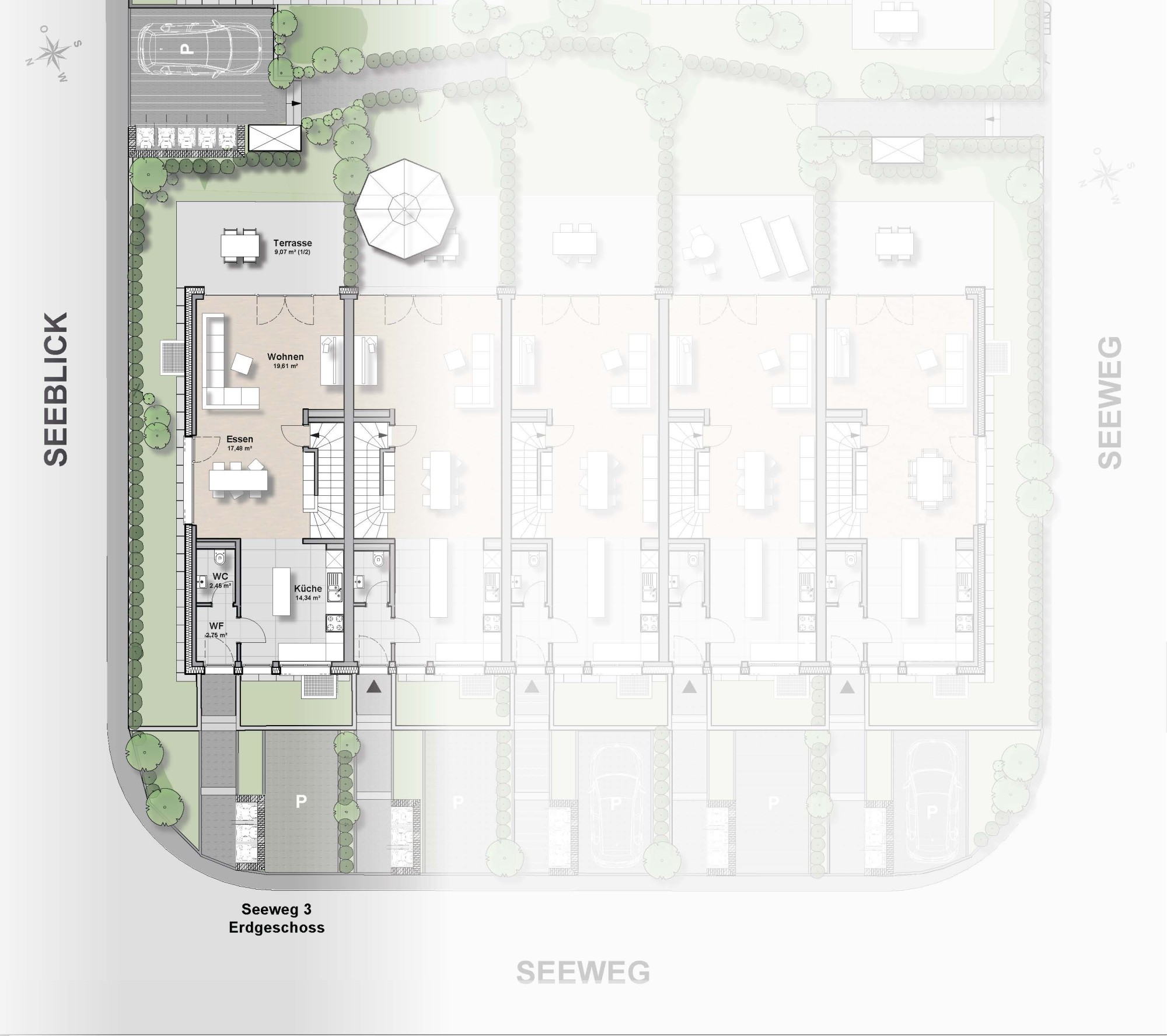 Town-Haus Seeweg 3 - EG - m. Bezeichnungen u. Außenanlagen
