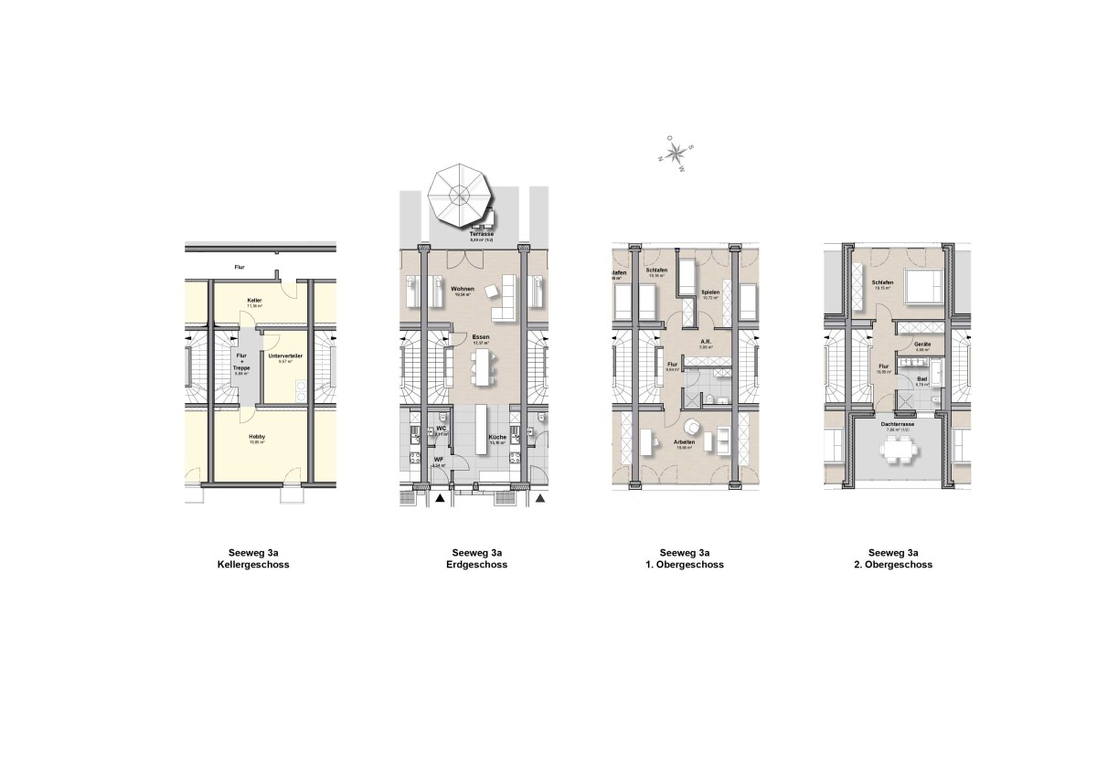 Town-Haus Seeweg 3a- KG-2.OG - Grundrisse nebeneinander - o. Außenanlagen