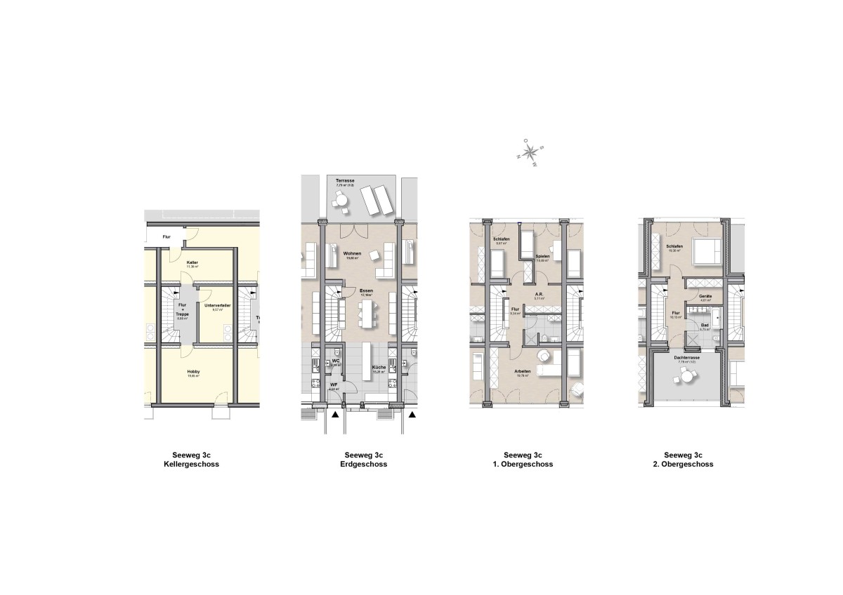 Town-Haus Seeweg 3c- KG-2.OG - Grundrisse nebeneinander - o. Außenanlagen